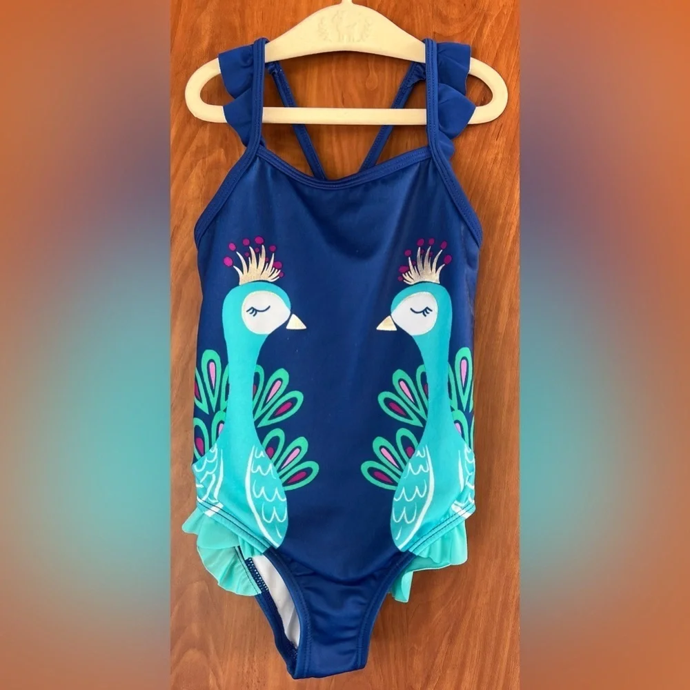 GYMBOREE - Girls One piece swimsuit blue peacock print (Size 5T)